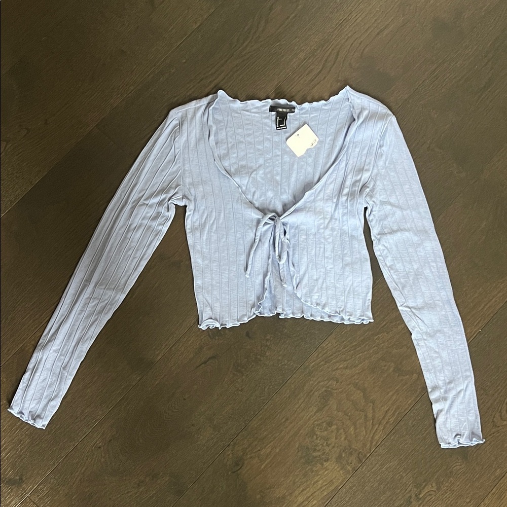 Forever 21 Light Blue Tie-Front Ribbed Blouse